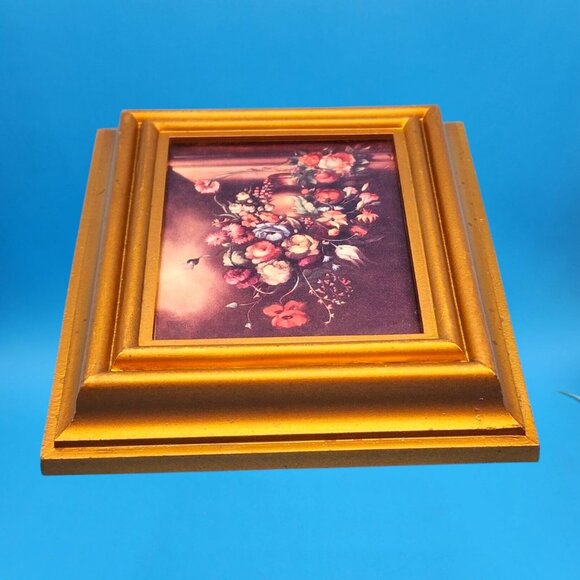 Vintage Flemish Floral Still Life Mini Art Print Italy Gilt-Look Frame 1950s - Picture 6 of 9